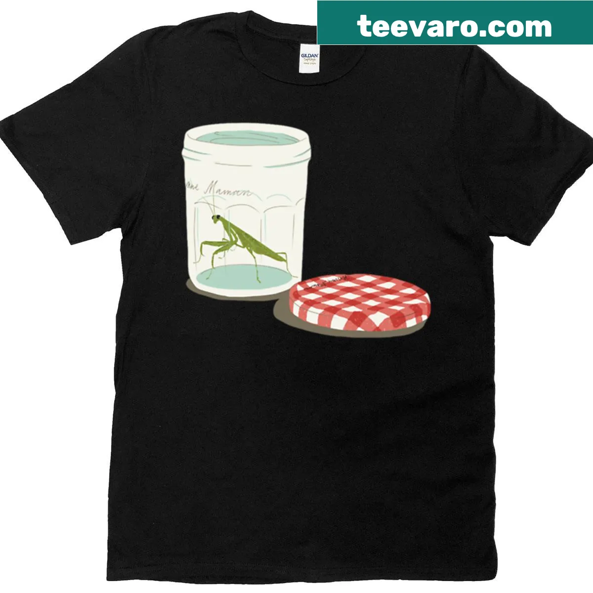 Cartoon praying mantis graphic on T-shirt — on a men's t-shirt