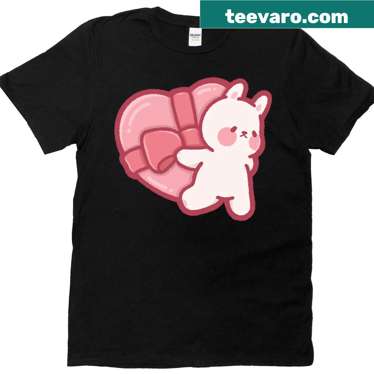 Cute bunny illustration with a heart-shaped gift box on a T-shirt — on a men's t-shirt