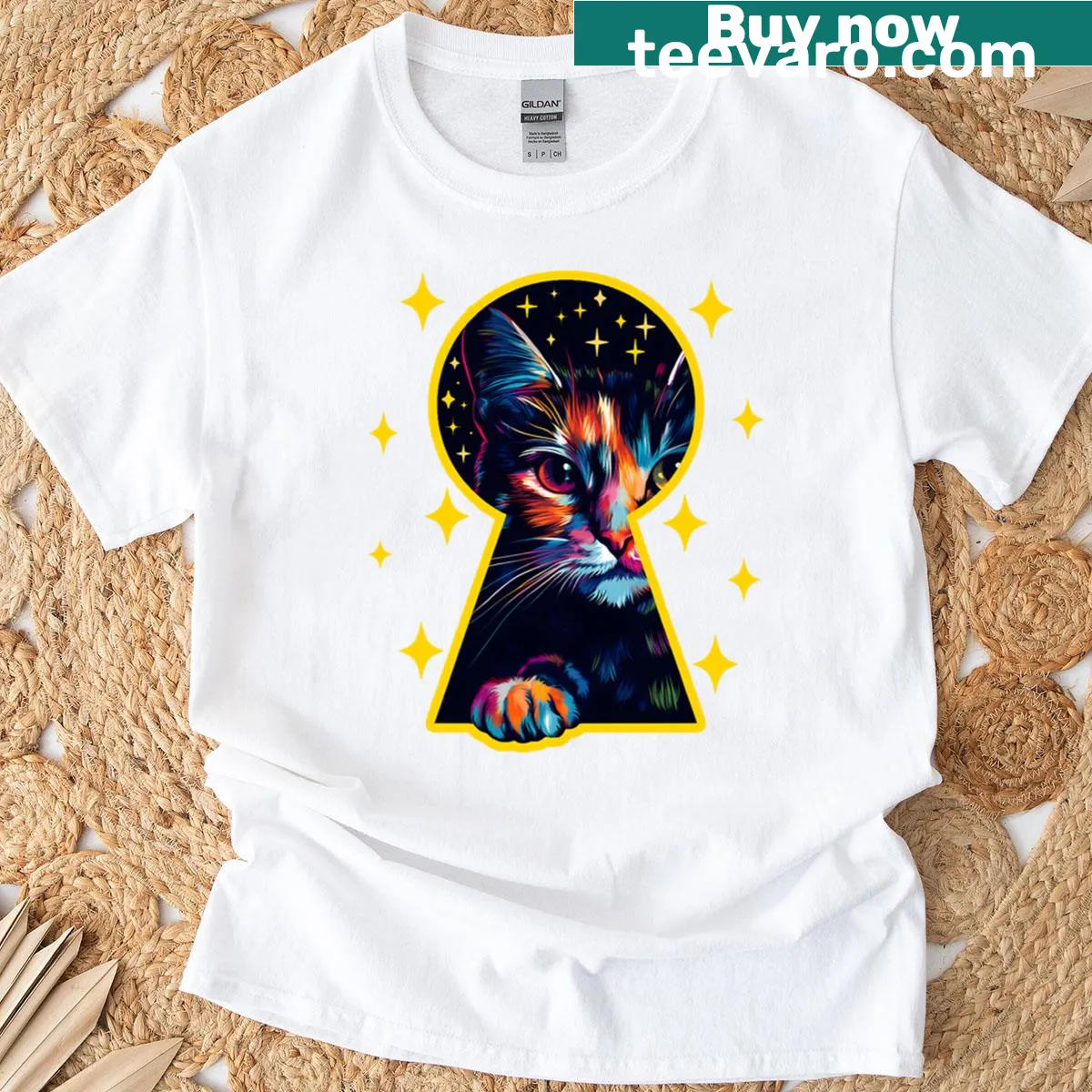 T-shirt featuring an illustration of a cat looking through a keyhole — on a men's t-shirt