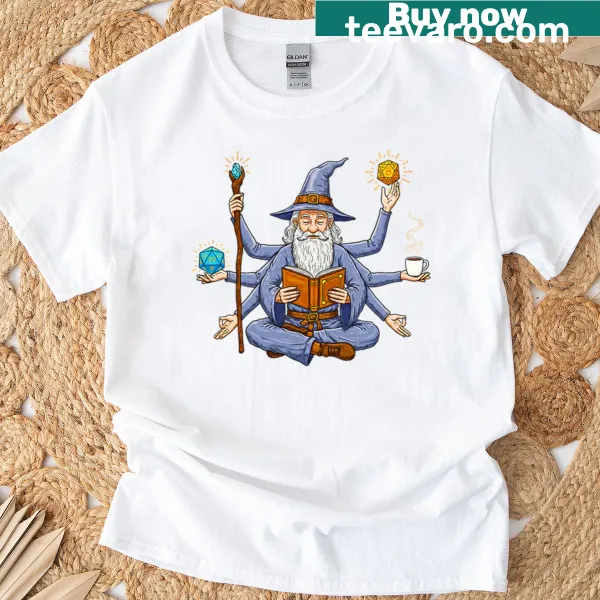 T-shirt depicting a wizard meditating with a coffee cup in a whimsical design