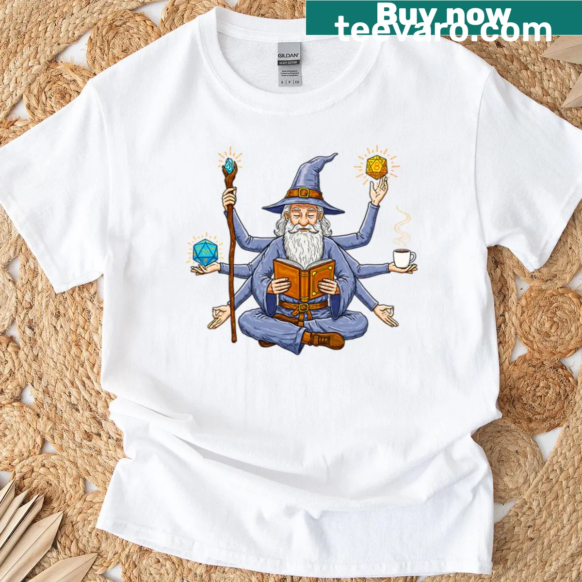 T-shirt depicting a wizard meditating with a coffee cup in a whimsical design — on a men's t-shirt