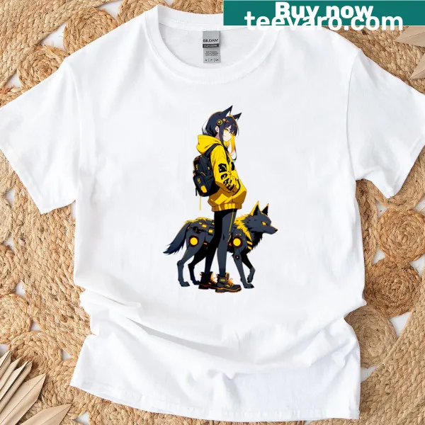 Illustration of a wolf with computer code elements on a t-shirt
