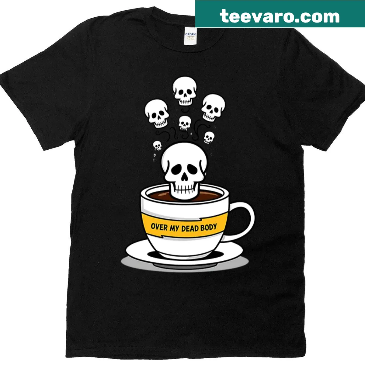 Skull graphic T-shirt with coffee theme illustration. — on a men's t-shirt