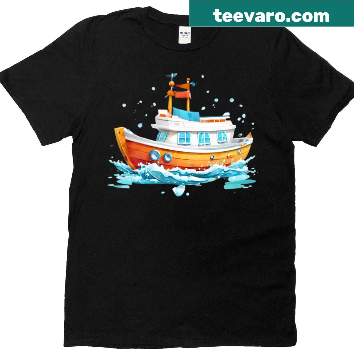 Cartoon boat graphic on oversized t-shirt with choppy water design. — on a men's t-shirt