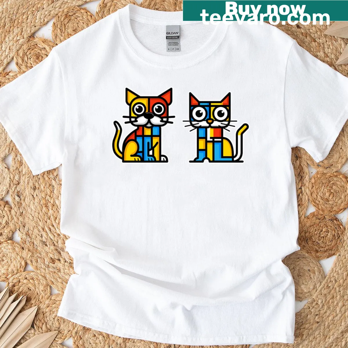 Cubistic illustration of a cat and dog in white outline on t-shirt — on a men's t-shirt
