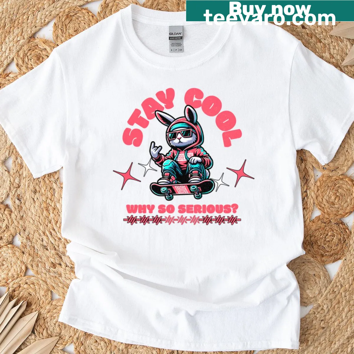 T-shirt featuring a cool bunny skateboarding in a fun graphic — on a men's t-shirt