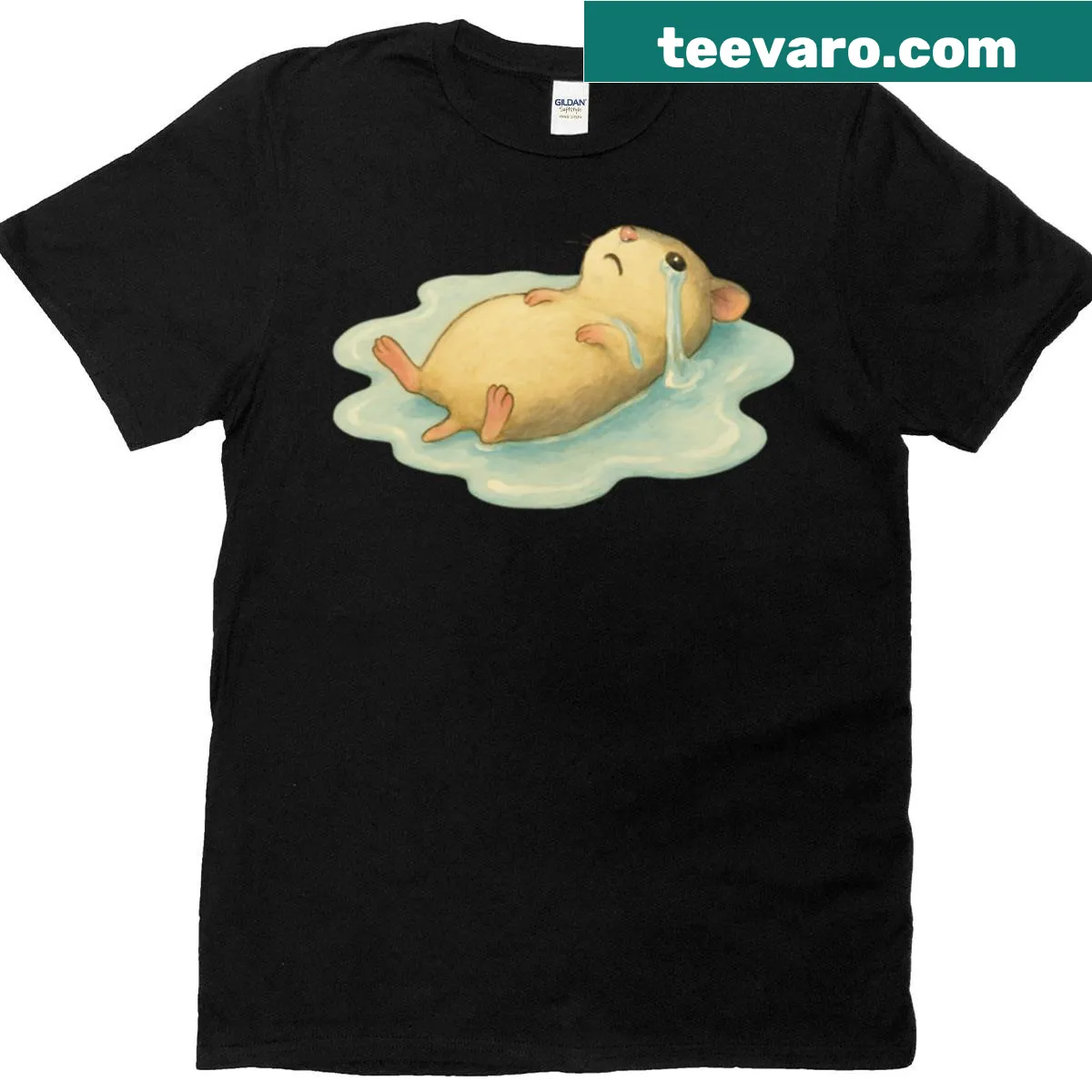 Funny cartoon t-shirt featuring a crying hamster graphic. — on a men's t-shirt