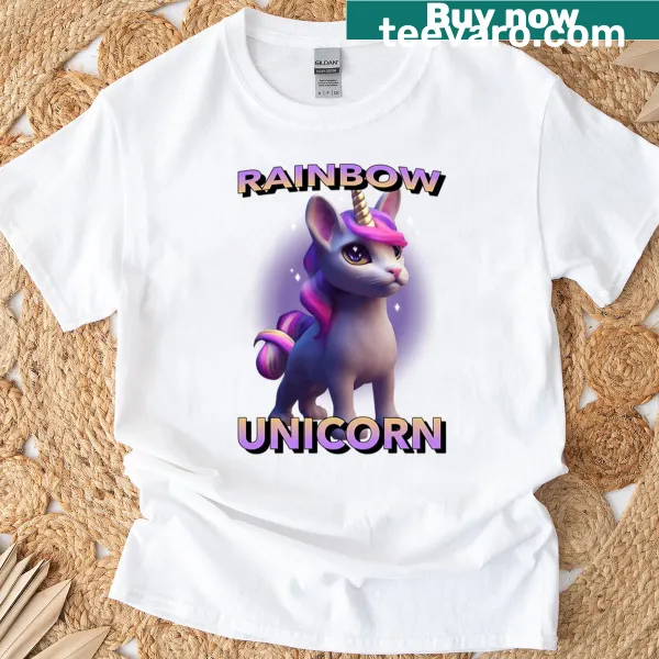 T-shirt featuring a cute unicorn surrounded by a rainbow.