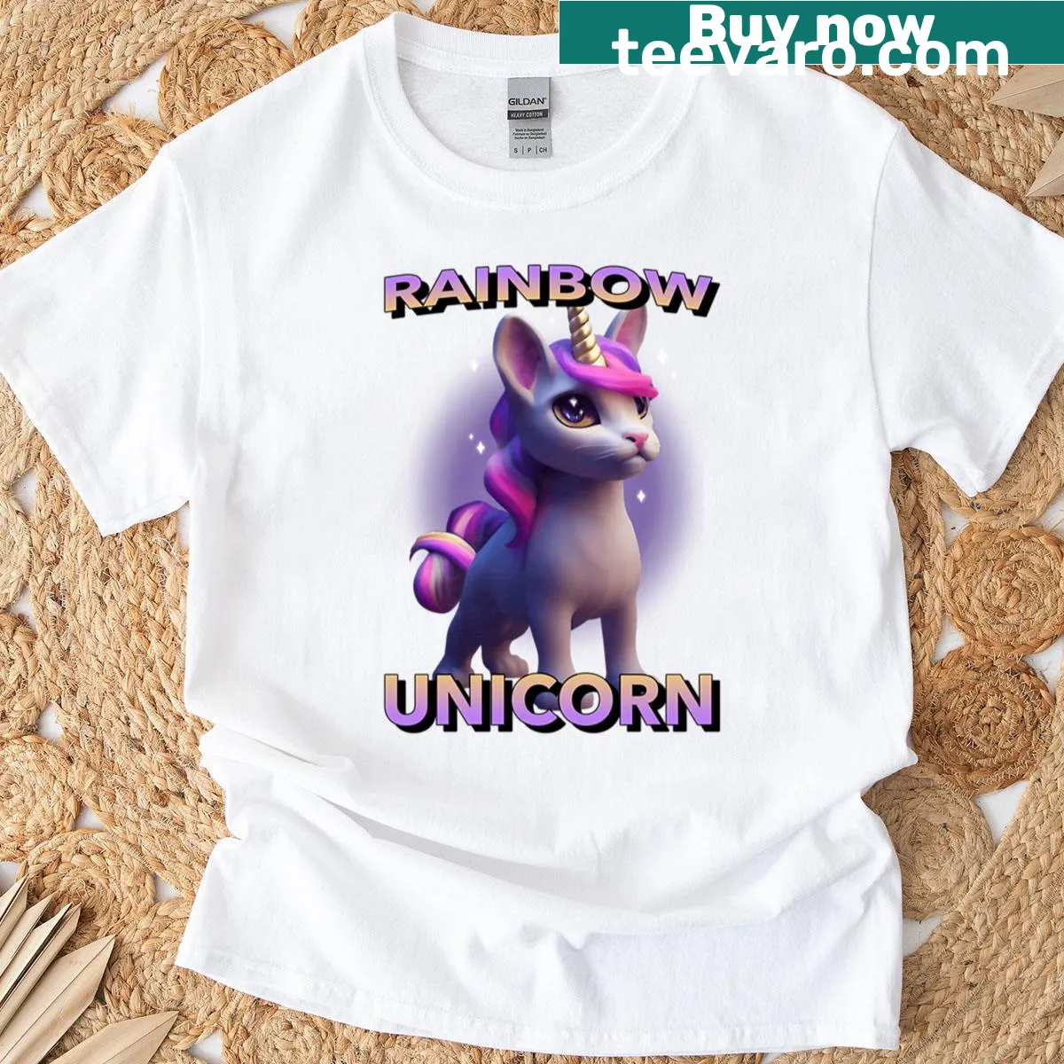 T-shirt featuring a cute unicorn surrounded by a rainbow. — on a men's t-shirt