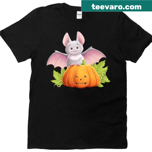 Oversized t-shirt featuring a cute baby bat on a smiling pumpkin