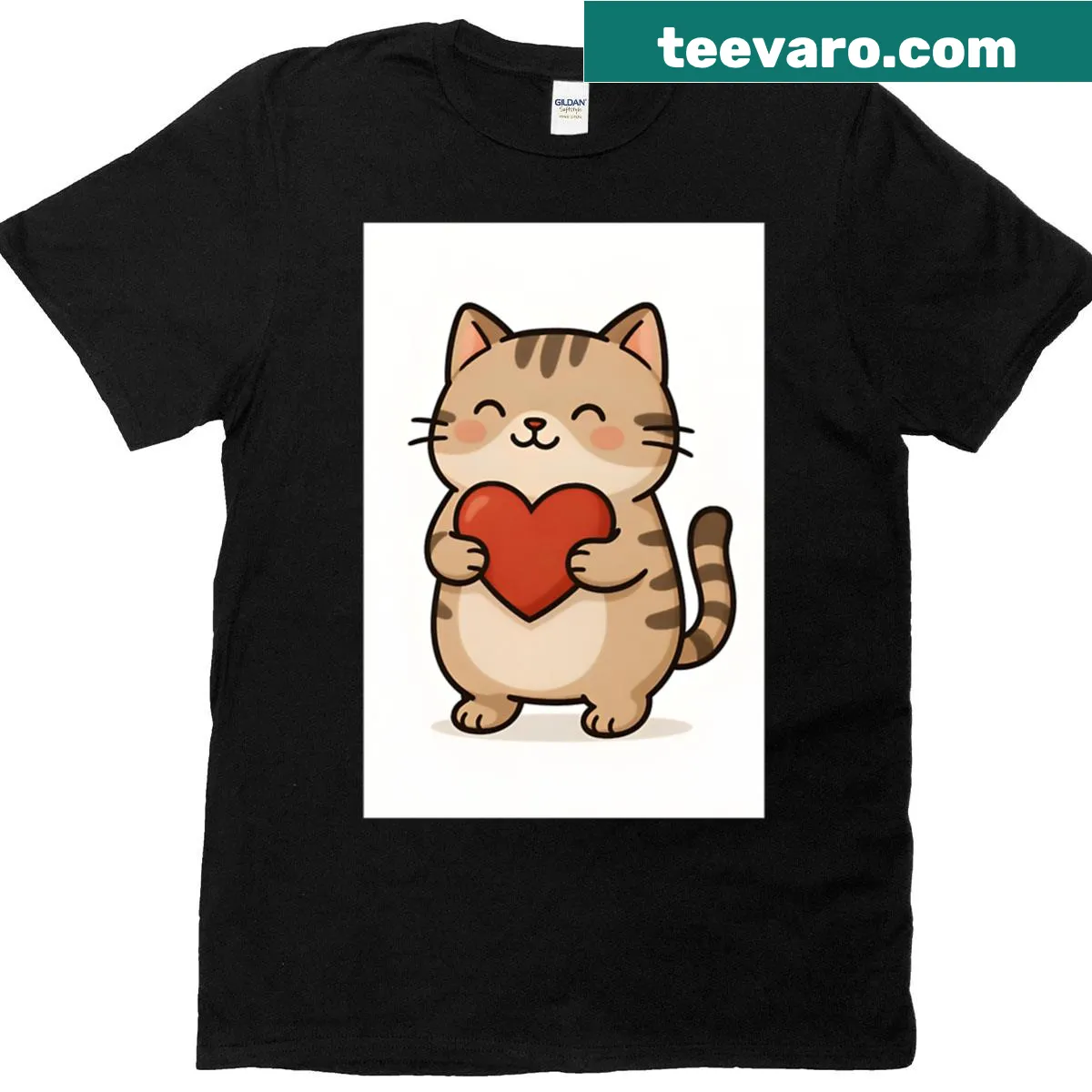 Oversized t-shirt with a cartoon cat holding a heart — on a men's t-shirt