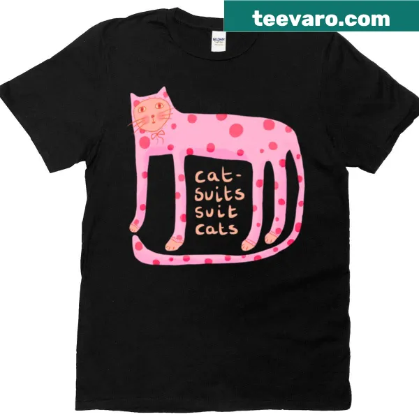 T-shirt featuring a drawing of a cat in a catsuit