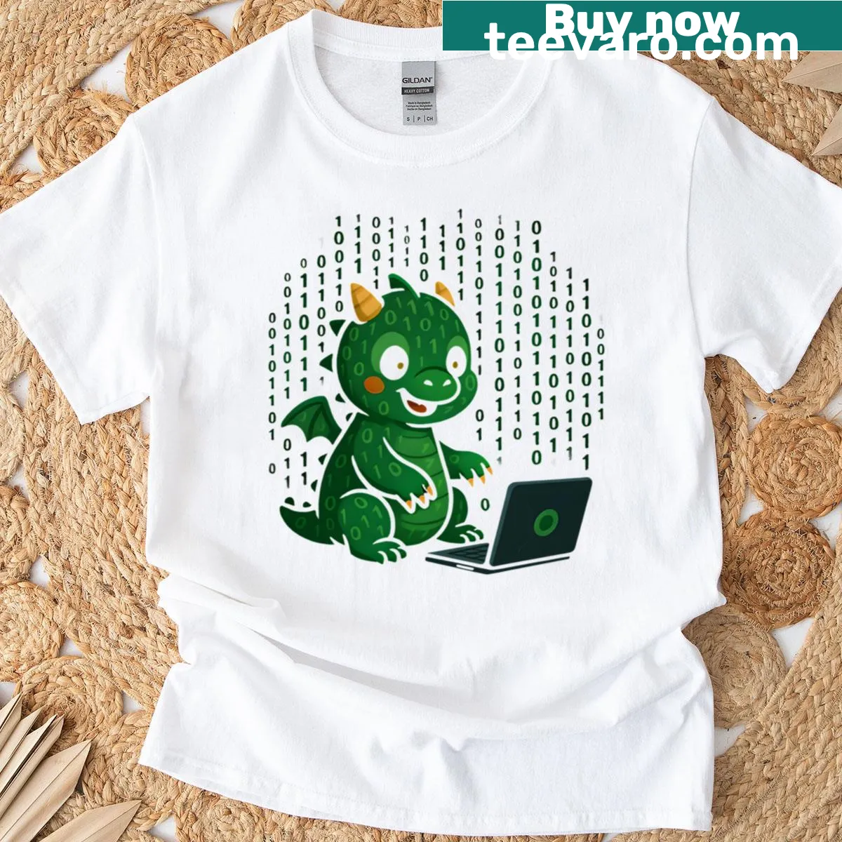 Cartoon dragon typing binary code design on a t-shirt — on a men's t-shirt