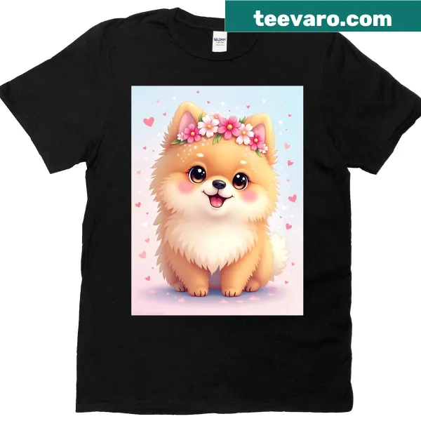 Cute Pomeranian wearing a flower crown on a t-shirt