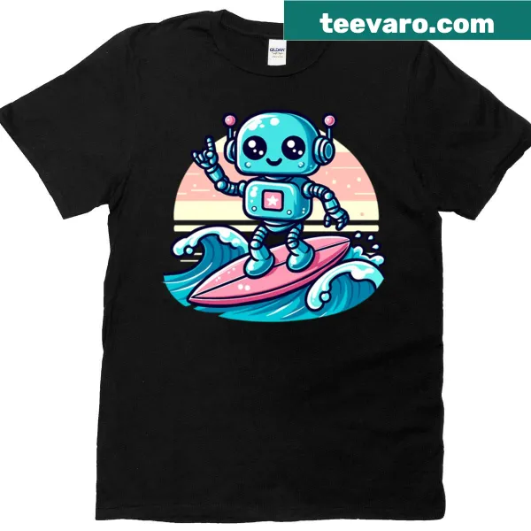 T-shirt featuring a cartoon robot surfing