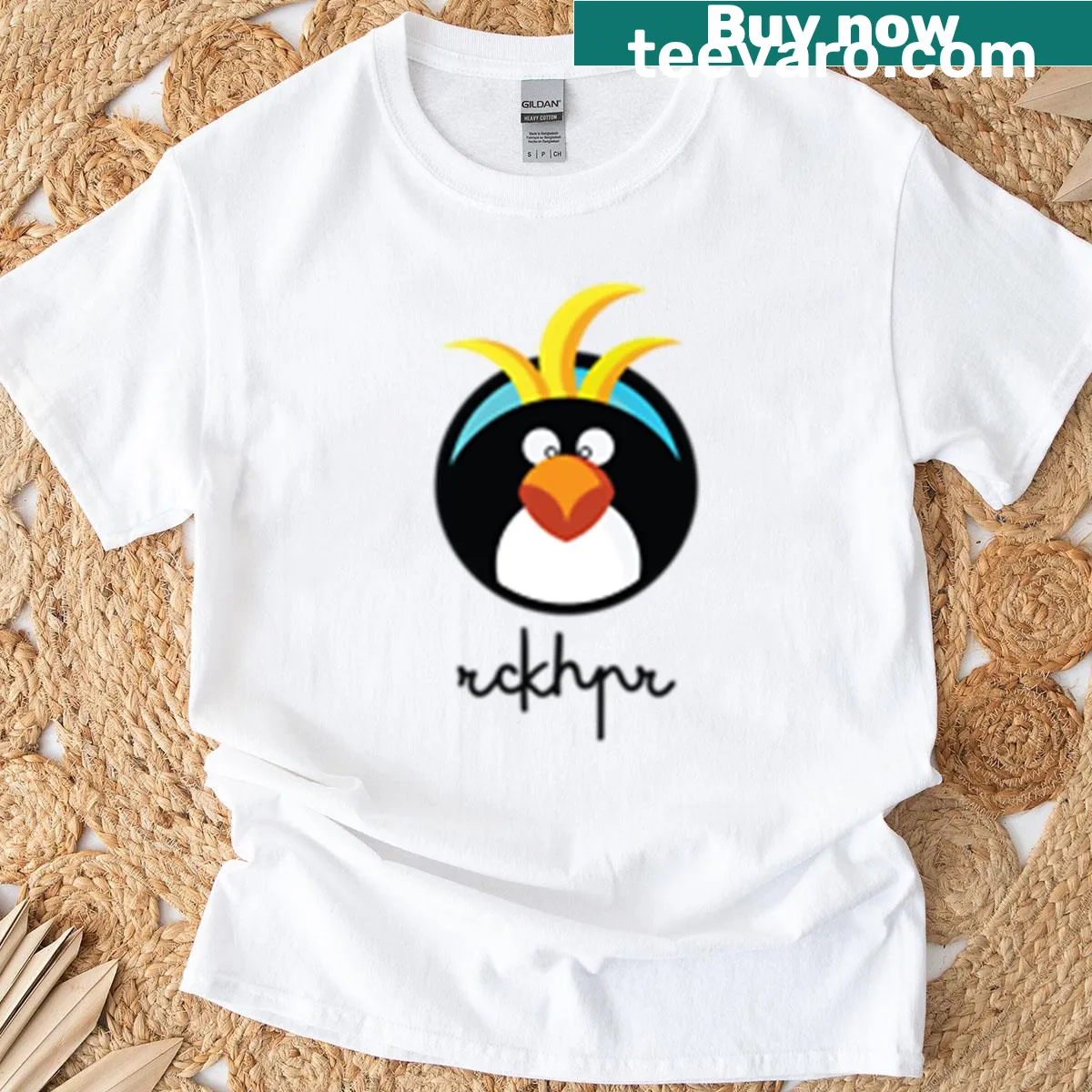 Cute illustration of a rockhopper penguin on an oversized t-shirt — on a men's t-shirt