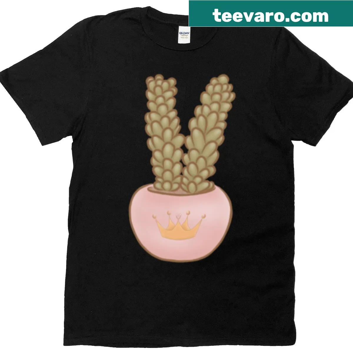 A cute succulent wearing a tiny crown illustrated on a t-shirt — on a men's t-shirt