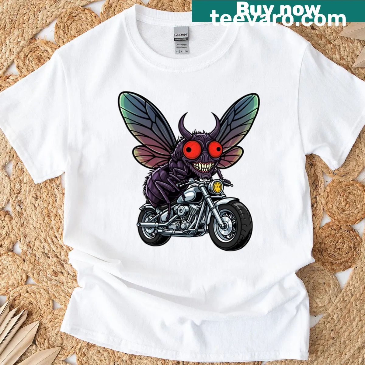 Cartoon demonic fly on motorcycle graphic T-shirt — on a men's t-shirt