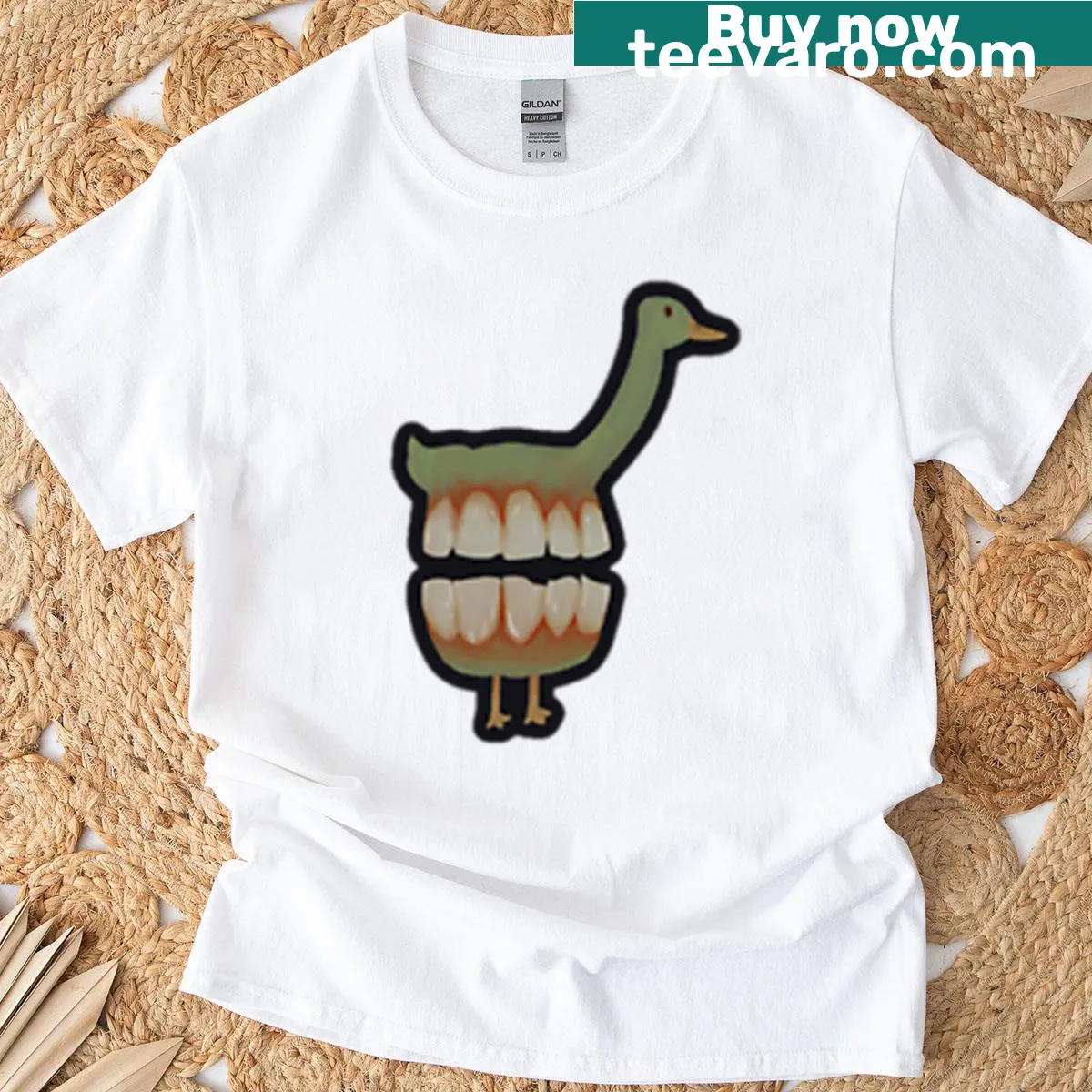 Cartoon duck with dentures T-shirt design — on a men's t-shirt