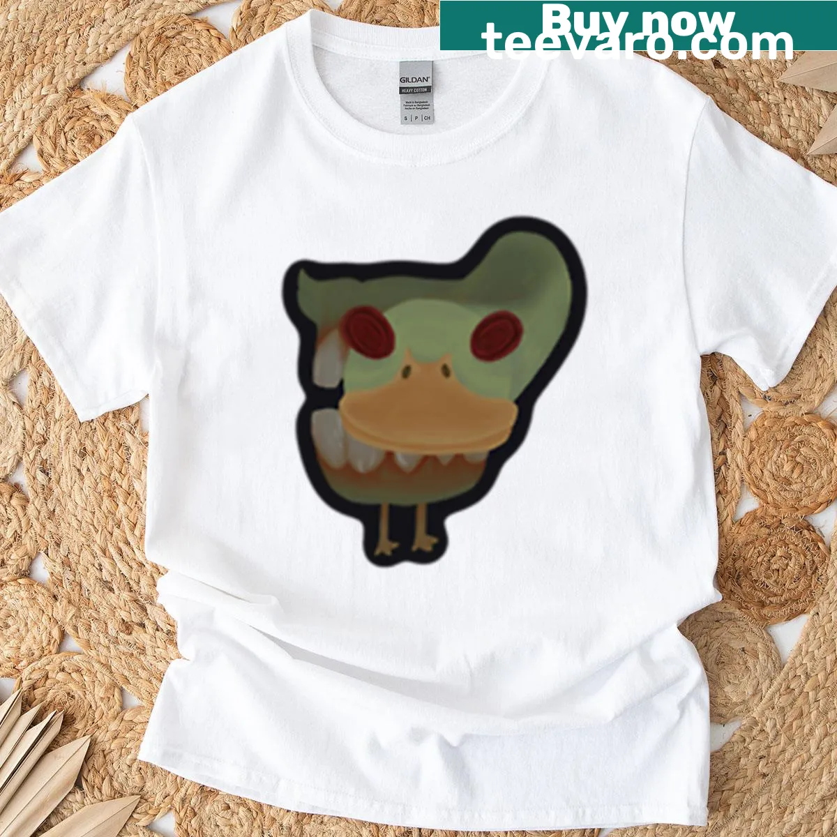 Cartoon duck looking at you with dentures on a t-shirt. — on a men's t-shirt