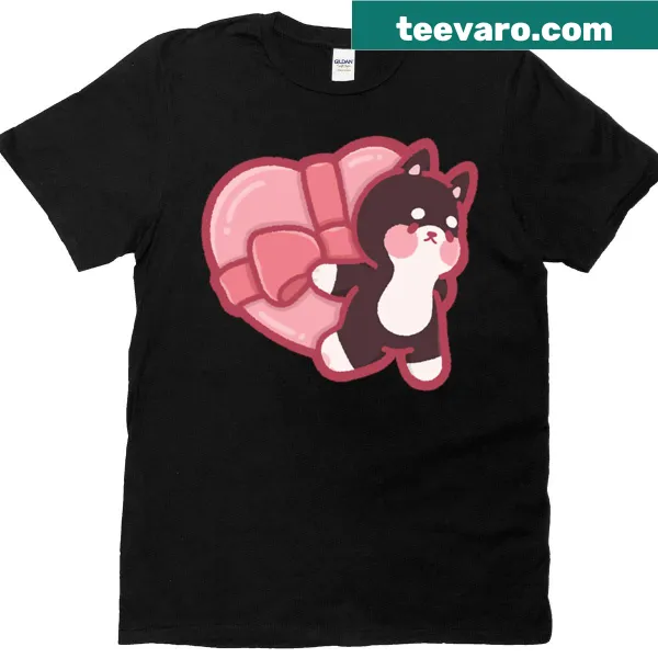 Cute dog carrying a heart-shaped gift box illustrated on a t-shirt