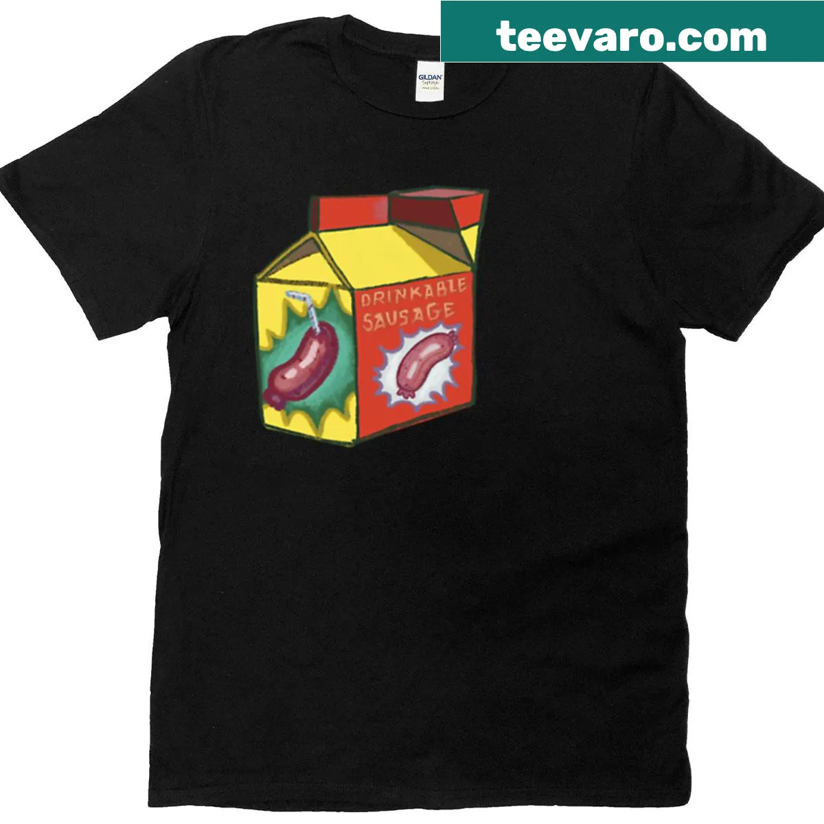 T-shirt featuring a humorous graphic of a sausage poured like a drink — on a men's t-shirt