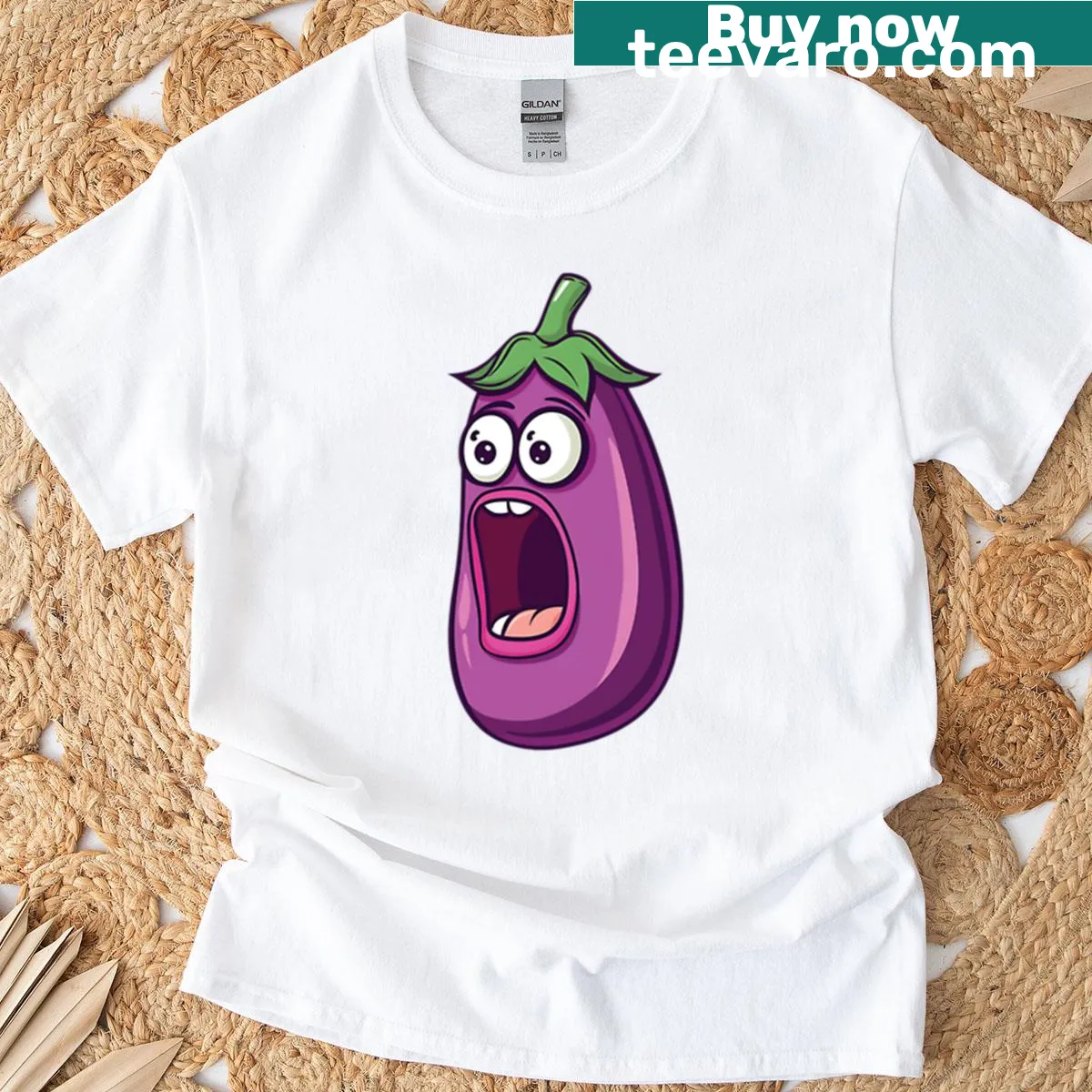 Funny shocked face eggplant illustration on a t-shirt — on a men's t-shirt