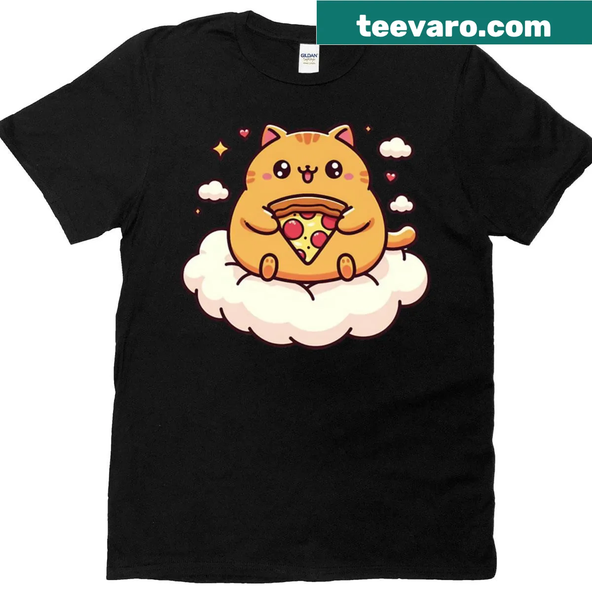 Cartoon of a fat happy cat on a cloud with a slice of pizza — on a men's t-shirt