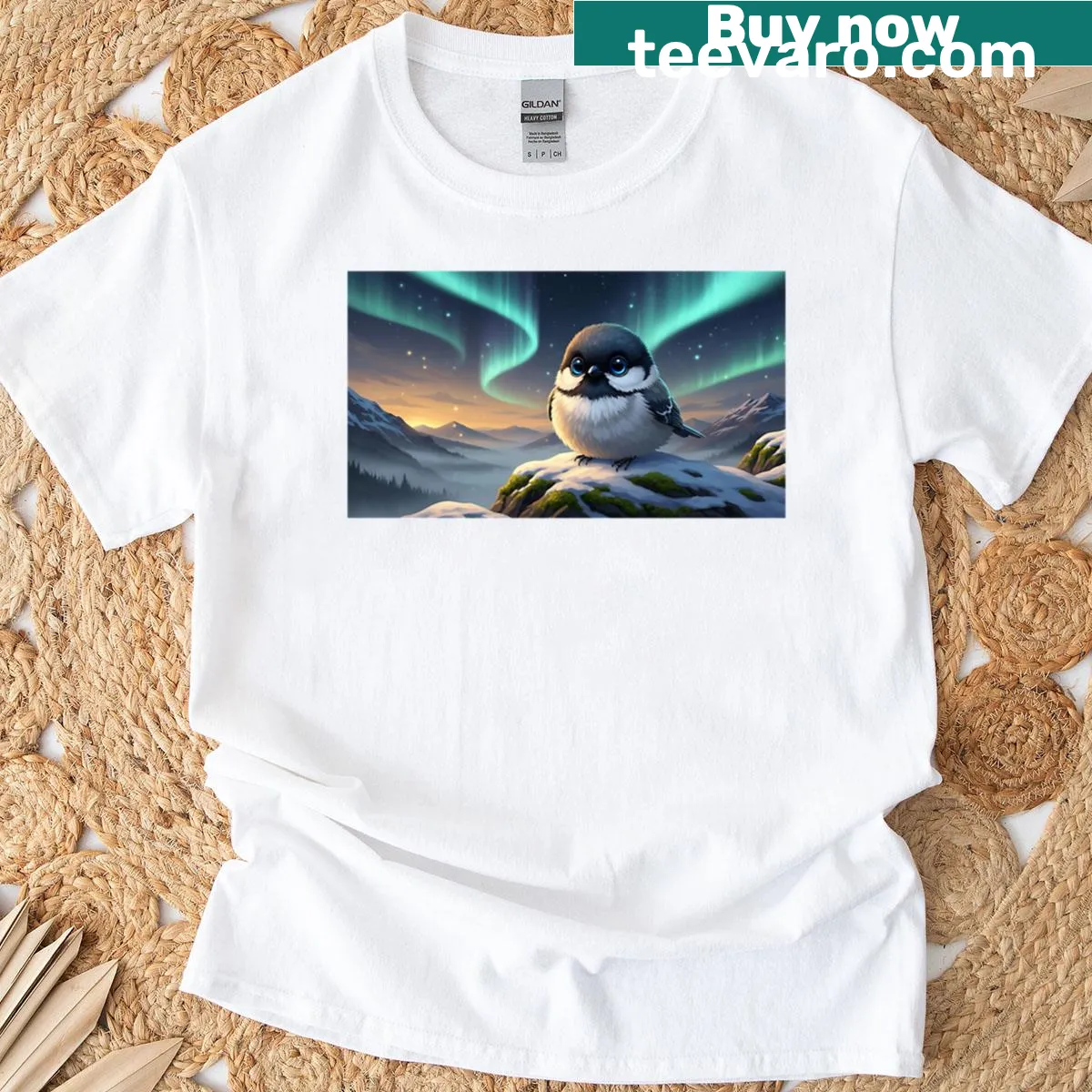 Illustration of a bird watching the winter sky on a t-shirt — on a men's t-shirt