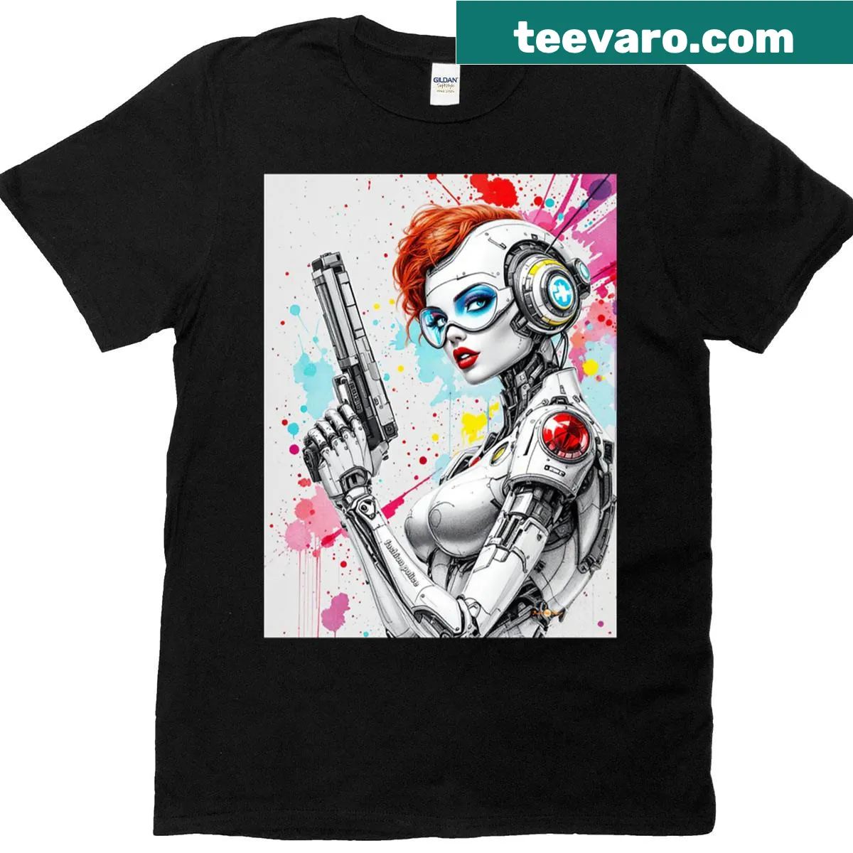 Illustration of a female robot with a gun, titled 'Fashion Police'. — on a men's t-shirt