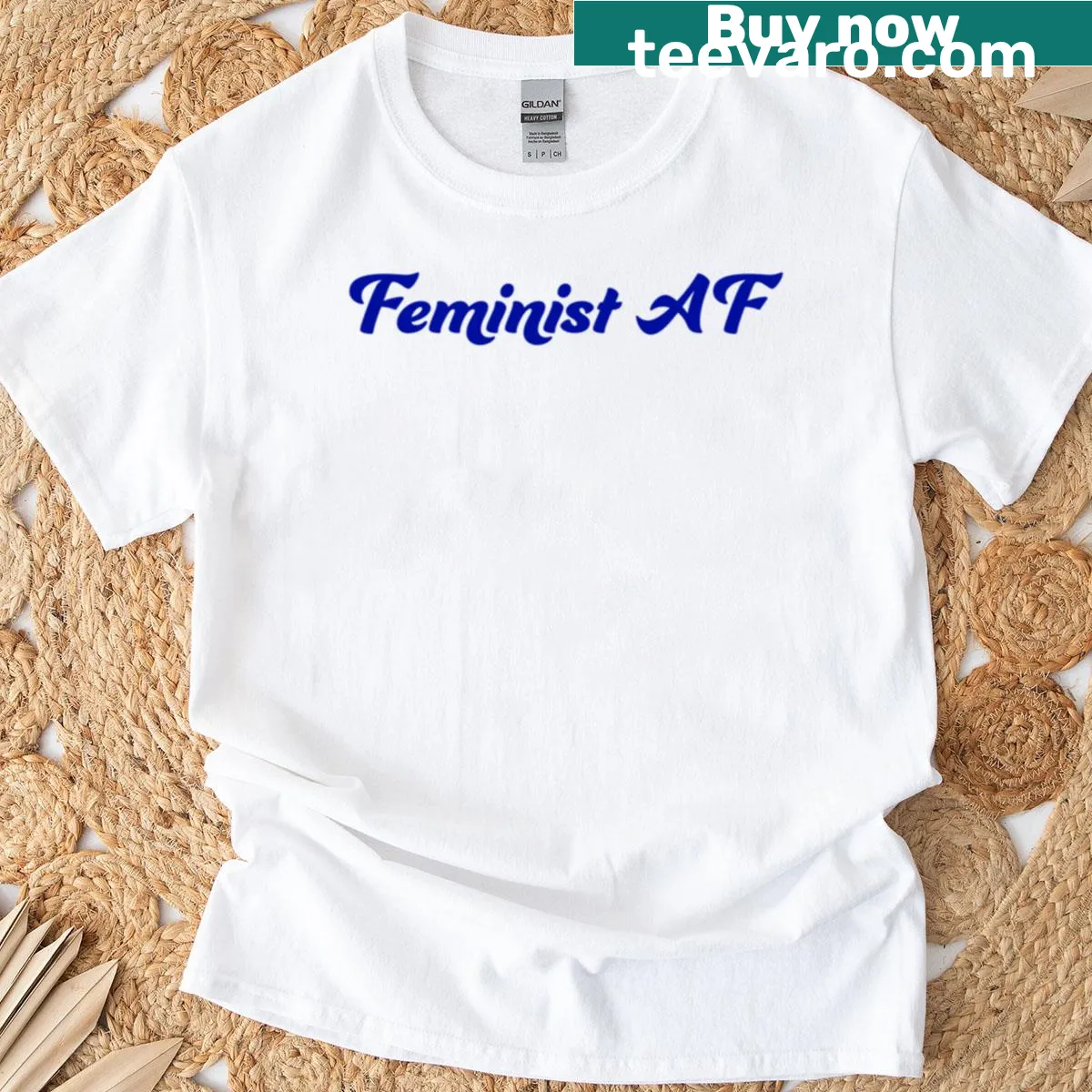 Royal blue oversized T-shirt with 'Feminist AF' text — on a men's t-shirt