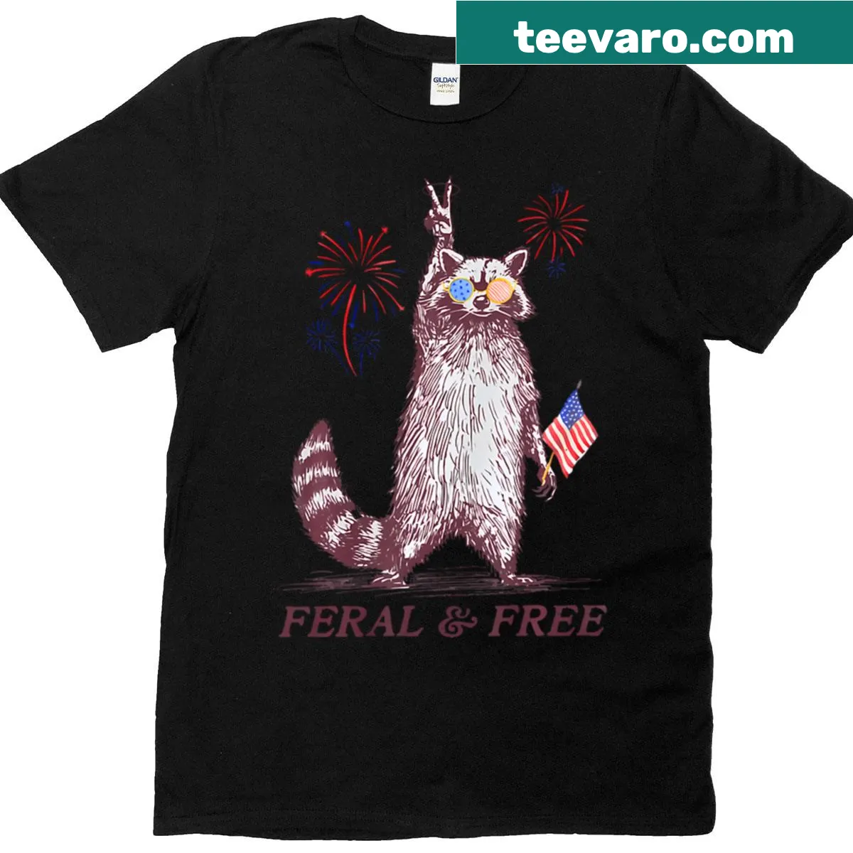 Cartoon raccoon celebrating freedom in a funny design for Independence Day — on a men's t-shirt
