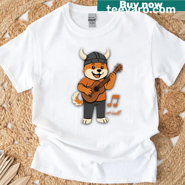 Illustration of Floki the guitar-playing dog on a T-shirt