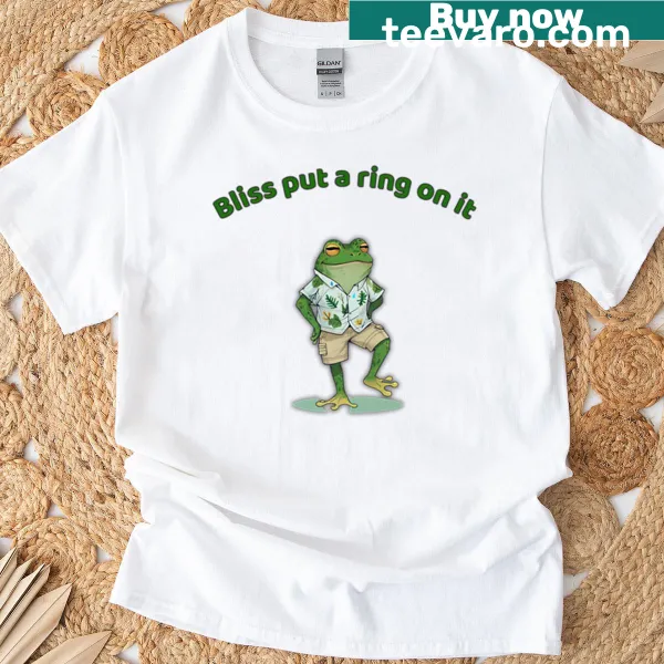 Whimsical T-shirt featuring a joyful frog celebrating bliss
