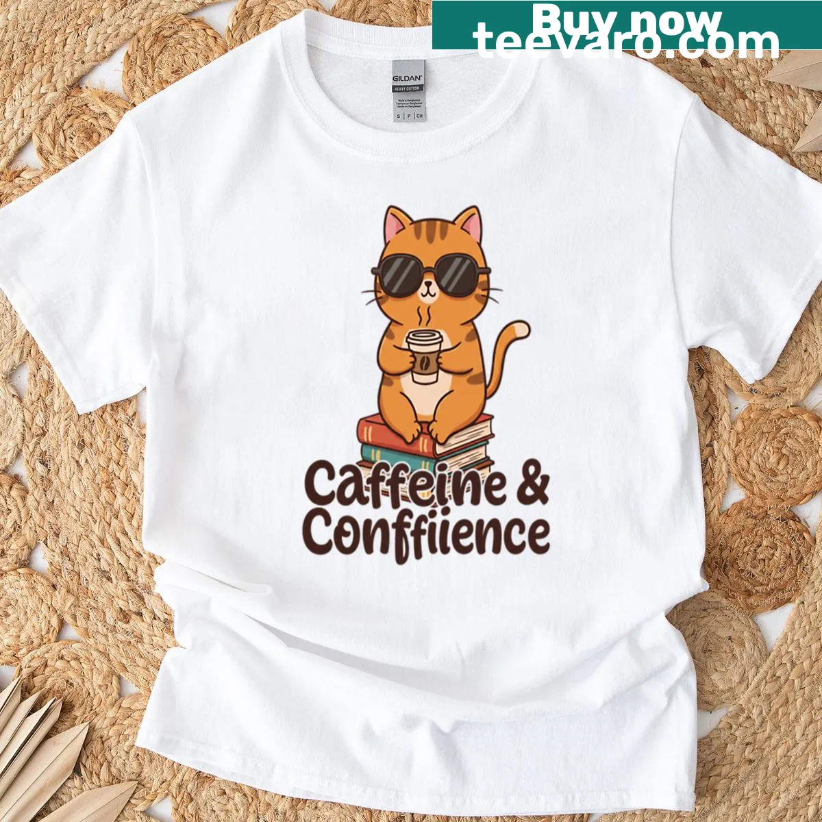 Cartoon cat with sunglasses and coffee mug design T-shirt — on a men's t-shirt