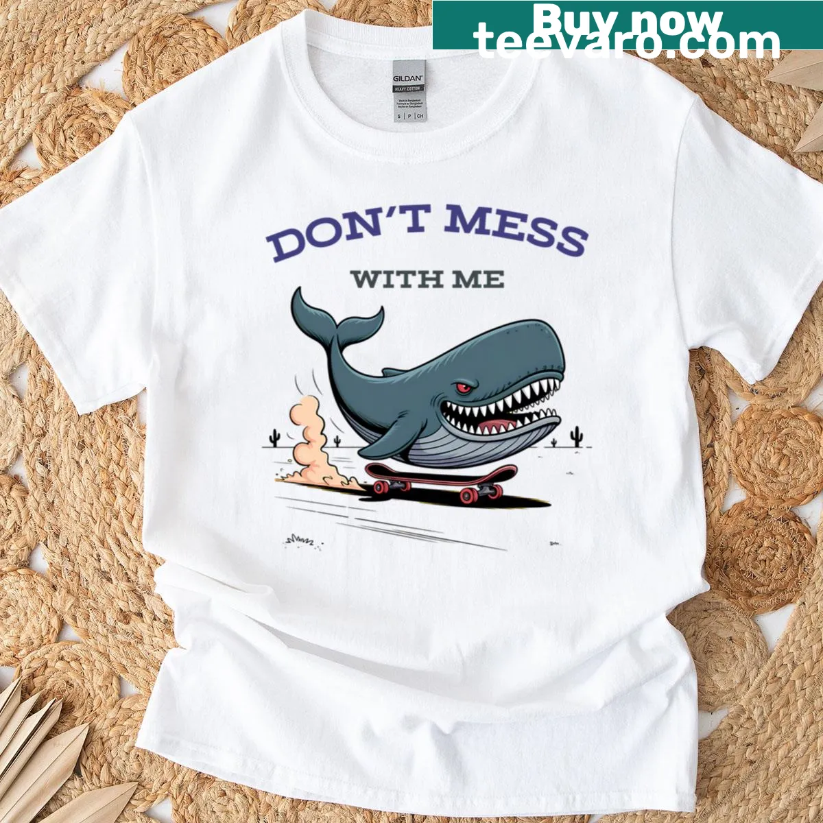 Surreal illustration of a whale skateboarding in a desert on a T-shirt. — on a men's t-shirt