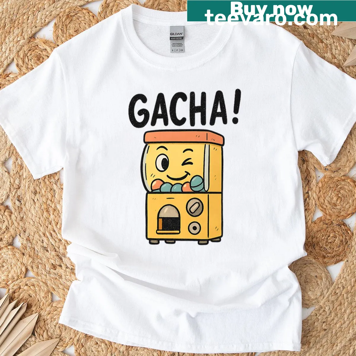 Gacha machine illustration with a winking face — on a men's t-shirt