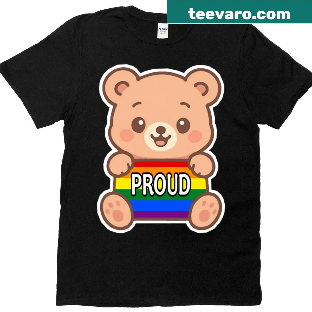 T-shirt featuring a pride-themed teddy bear design — on a men's t-shirt