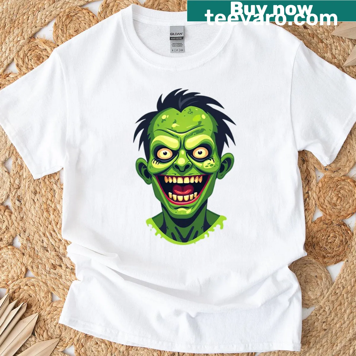 Cartoon zombie T-shirt featuring a grinning undead character. — on a men's t-shirt