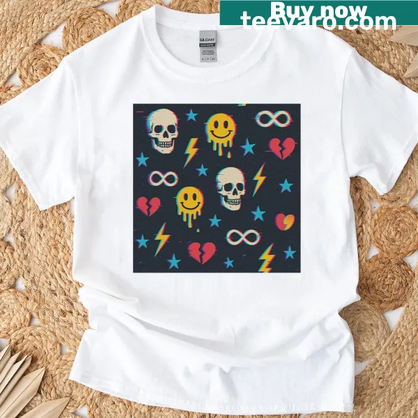 Seamless pattern T-shirt featuring skulls and smiley faces.