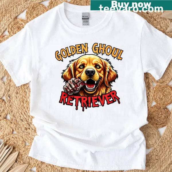 Cartoon Golden Retriever styled as a ghoul on T-shirt