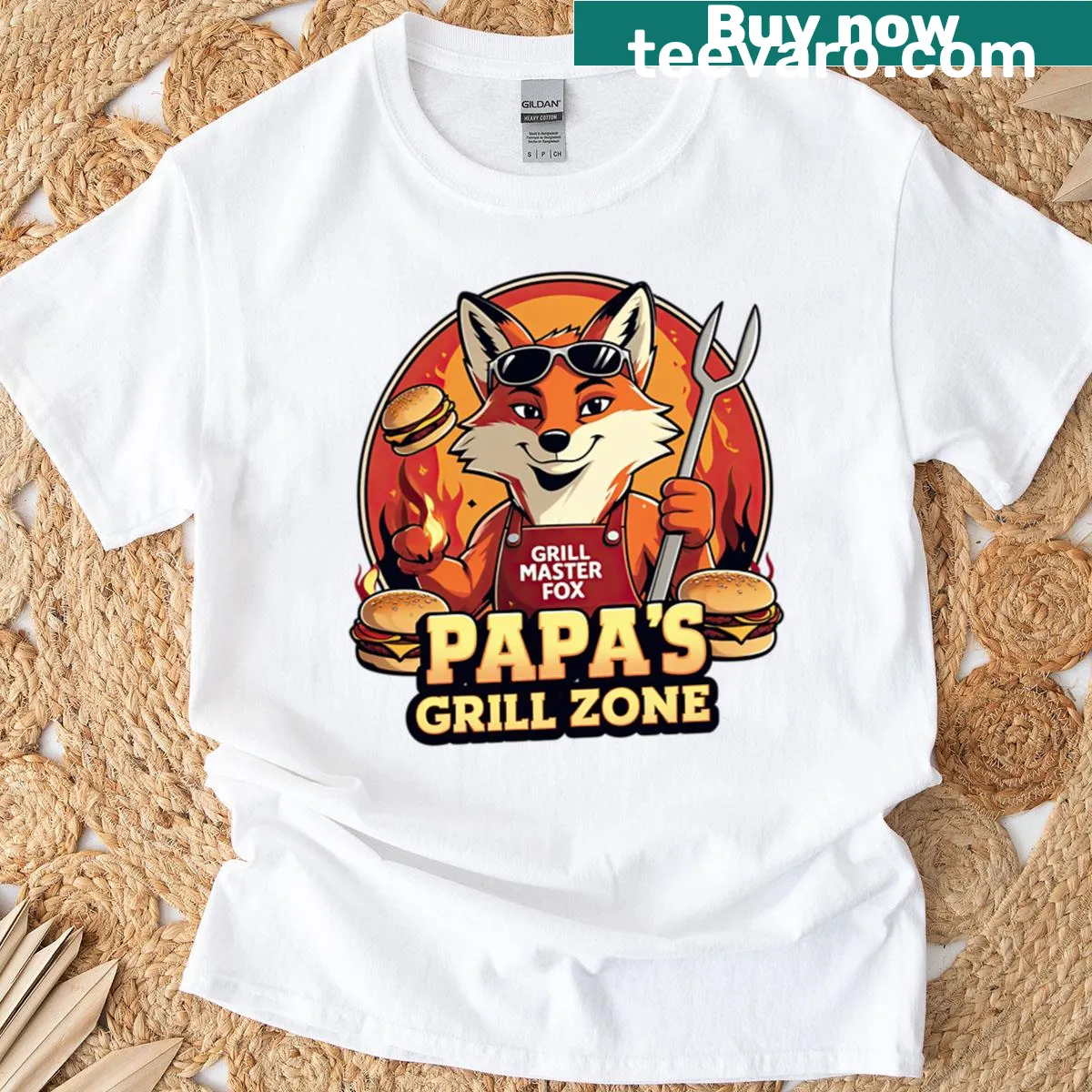 T-shirt featuring a fox grilling design — on a men's t-shirt
