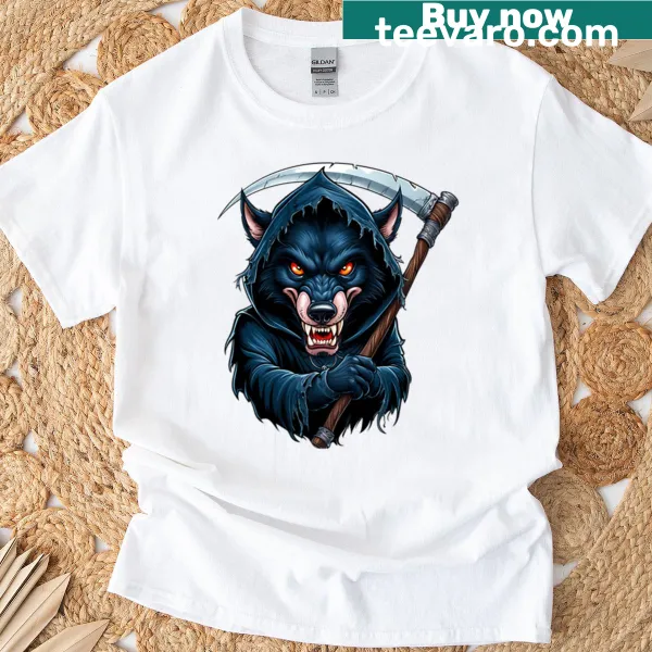 T-shirt featuring a grim reaper wolf graphic design