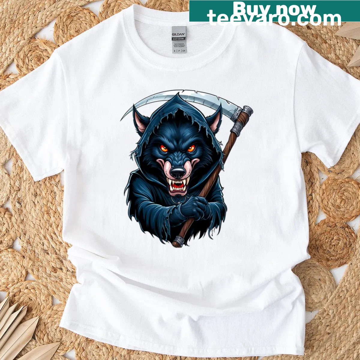 T-shirt featuring a grim reaper wolf graphic design — on a men's t-shirt
