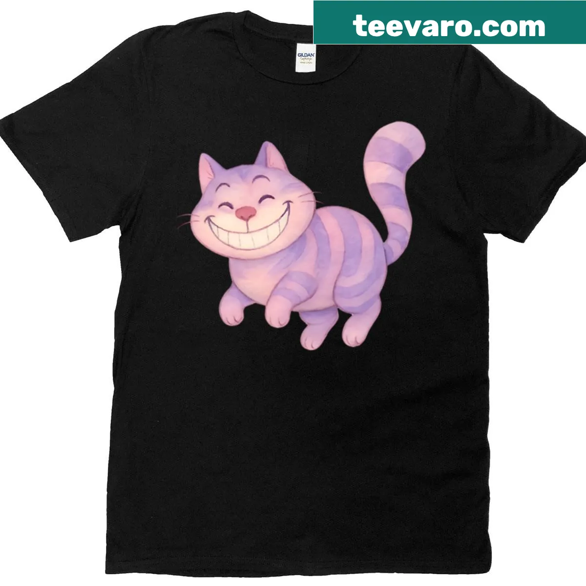 Wonderland inspired illustration of a grinning purple cat on a T-shirt. — on a men's t-shirt
