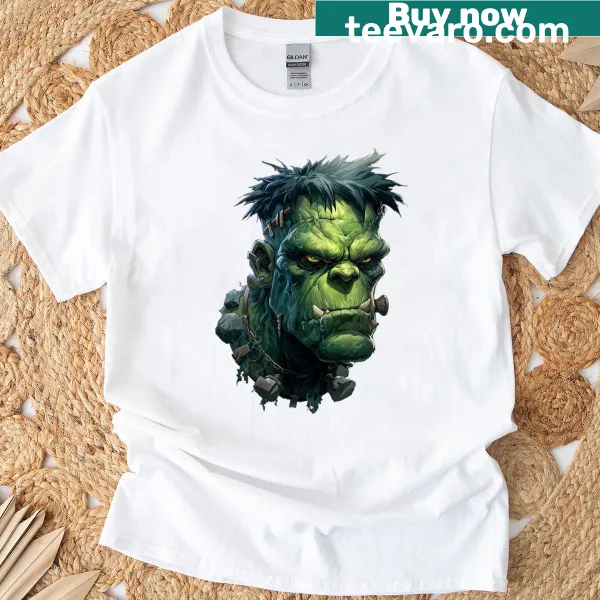Cartoon grumpy Frankenstein graphic on an oversized t-shirt