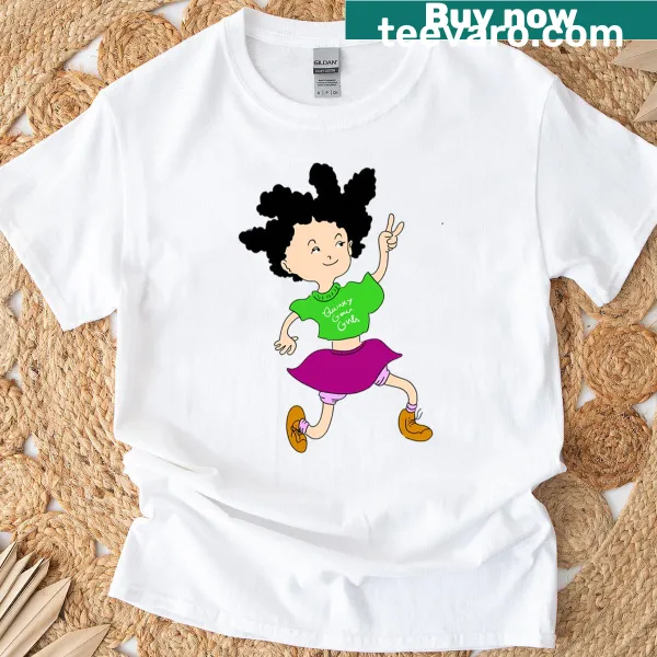 Cartoon of a happy girl with curly hair dancing on a t-shirt