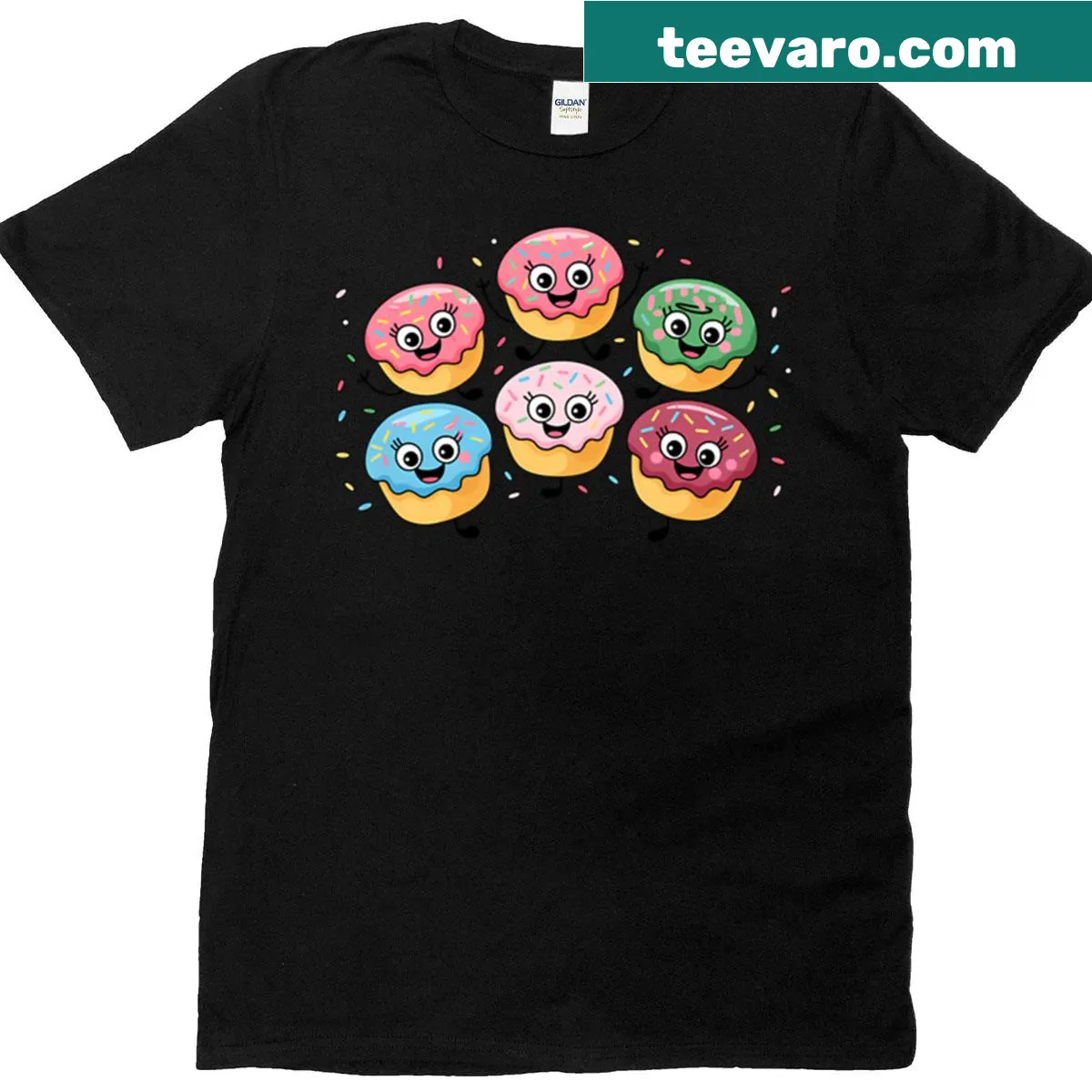 Illustration of cute cartoon donuts with happy faces — on a men's t-shirt