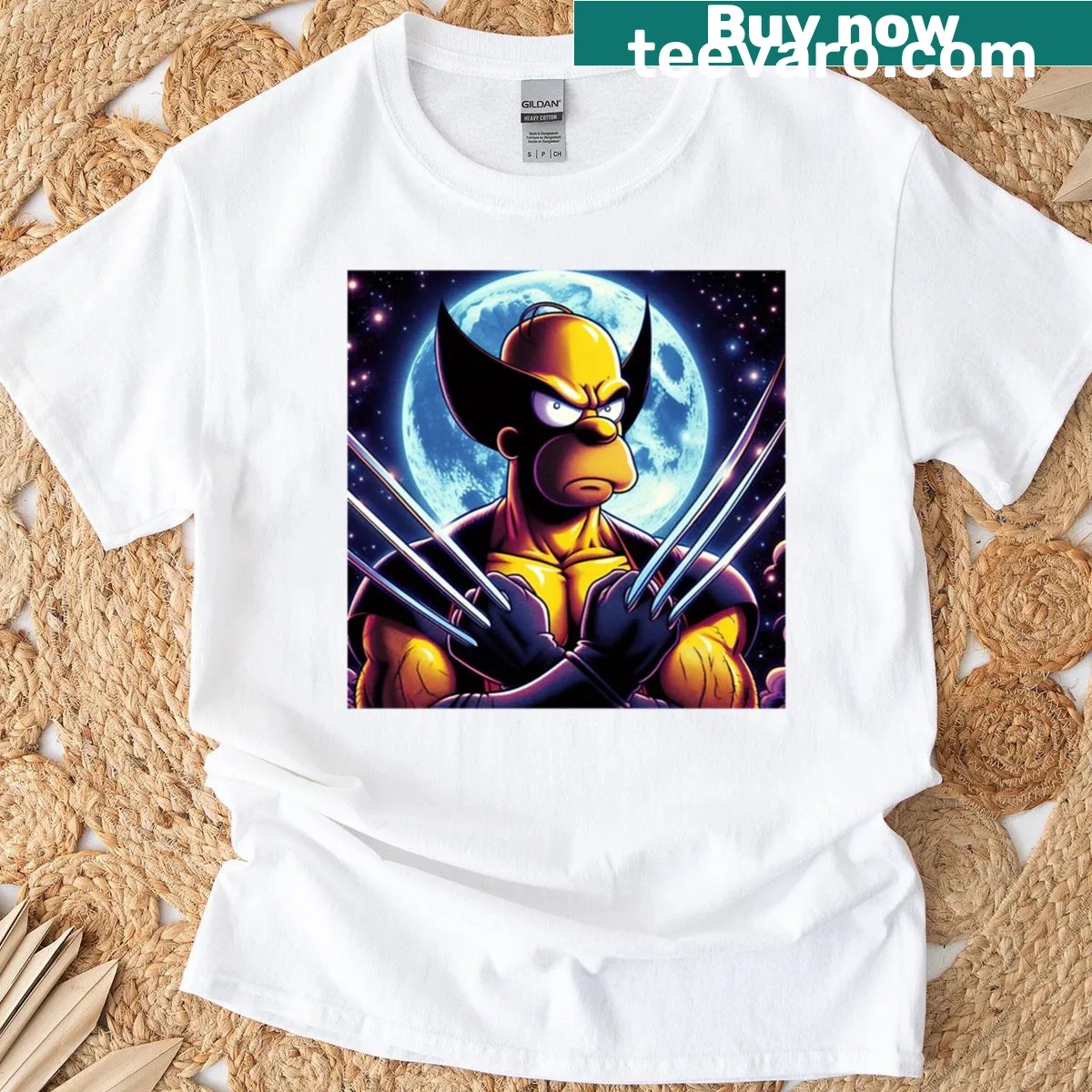Oversized t-shirt featuring Homer Simpson in a Wolverine crossover design. — on a men's t-shirt