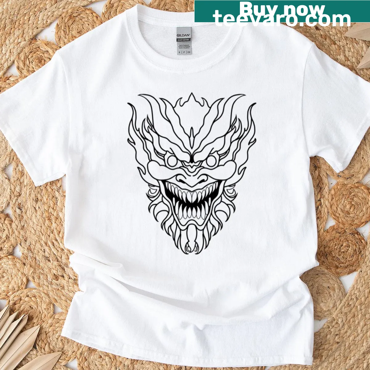 Oversized t-shirt with a black line horror mask silhouette design — on a men's t-shirt